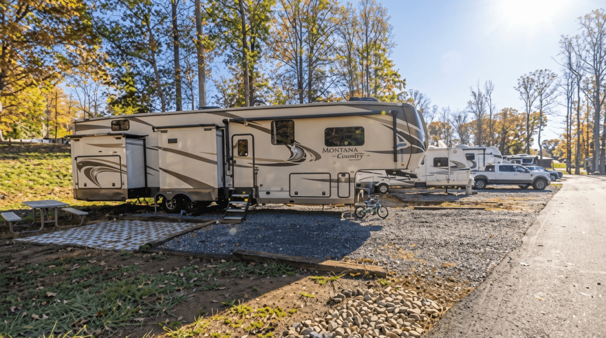 Full-hookup RV sites with large campers, gravel parking pads, picnic areas, and wooded surroundings at a clean RV campground.