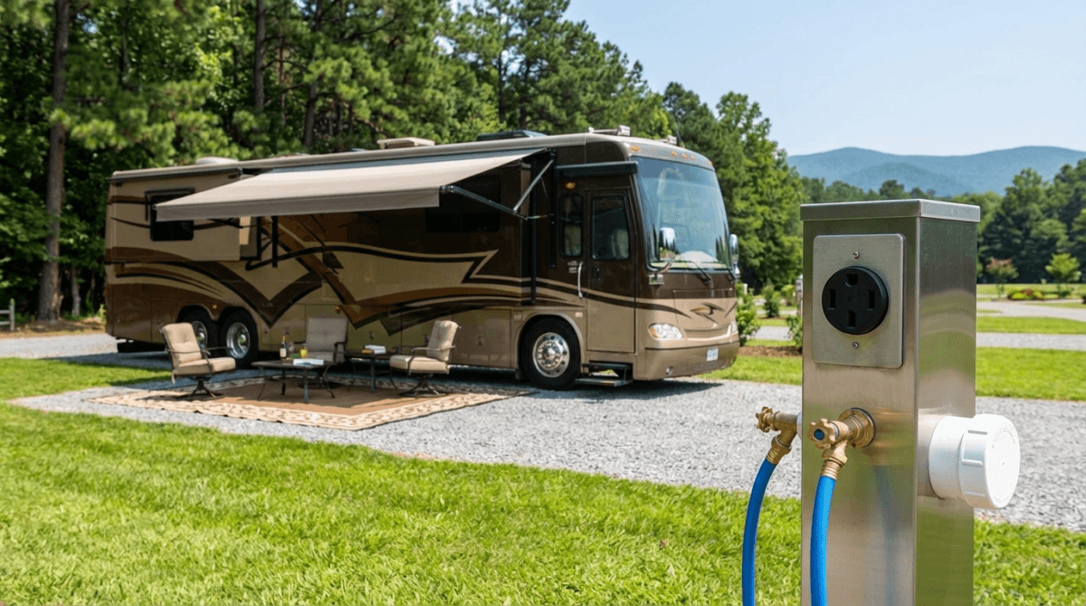 Motorhome parked at a gravel RV site with patio furniture and awning, next to a full hookup pedestal with electric, water, and sewer connections.