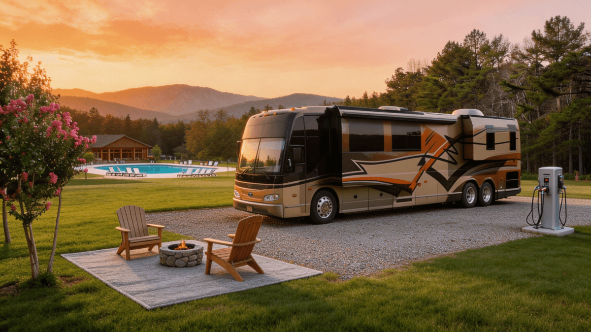 Luxury motorhome parked at a spacious RV site with Adirondack chairs, a fire pit, pool access, and mountain views at sunset.
