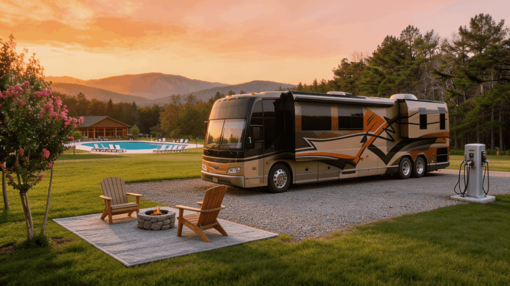 Luxury motorhome parked at a spacious RV site with Adirondack chairs, a fire pit, pool access, and mountain views at sunset.