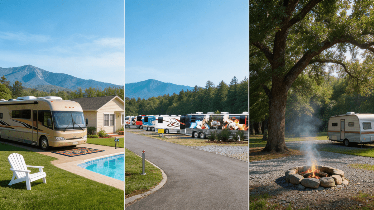 Comparison of RV parks, RV resorts, and campgrounds in Virginia showing a motorhome by a pool, rows of RV sites with mountain views, and a simple campsite with a fire ring and travel trailer.