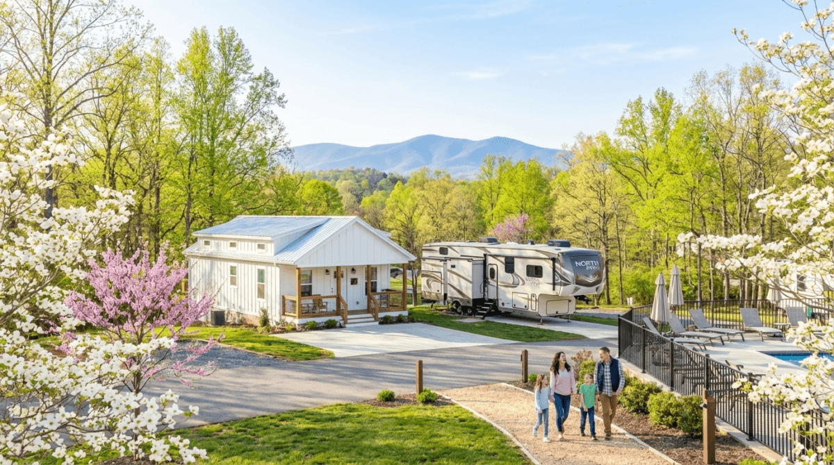 Spring Break family camping resort in Madison, VA with a cottage, RV site, pool, blooming trees, mountain views, and a family walking along the path.