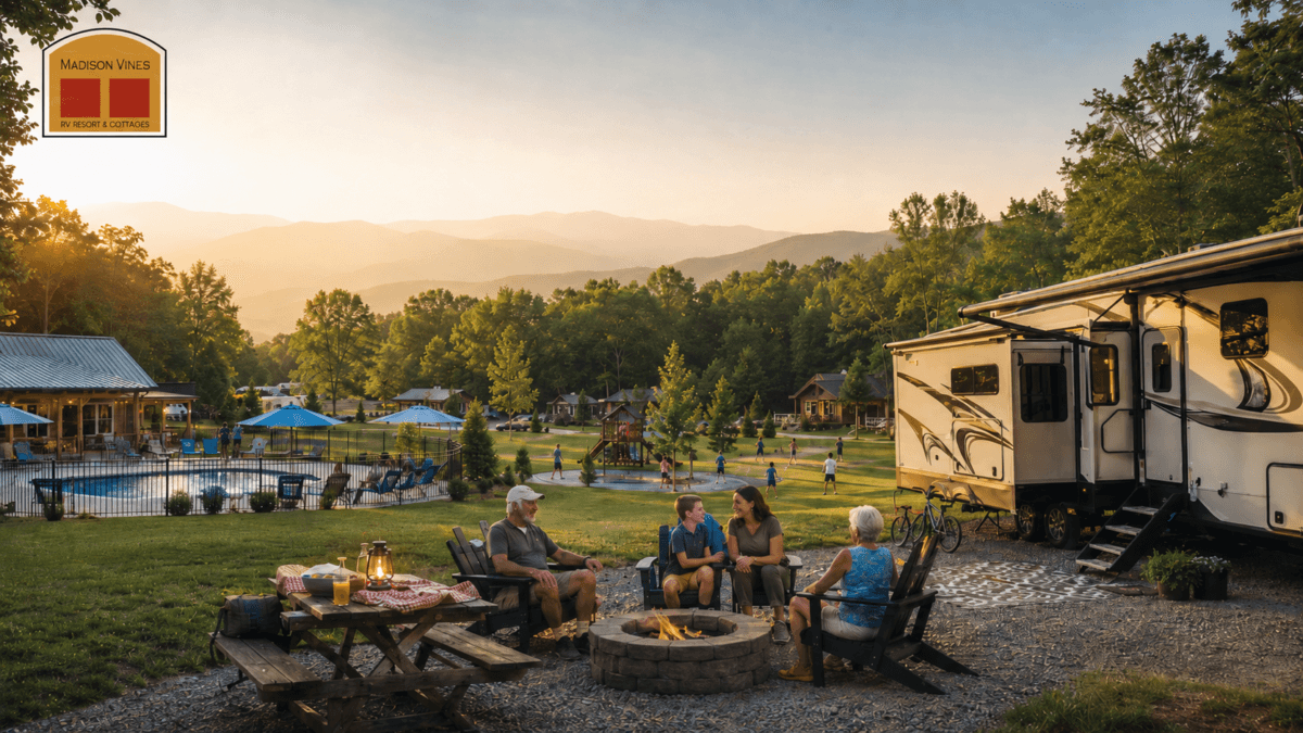 Plan a family camping resort trip near Washington, DC with RV sites, cottages, activities, and Virginia wine-country access.