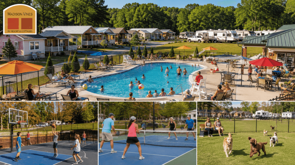 Family resort amenities including pool, sports courts, and outdoor recreation activities