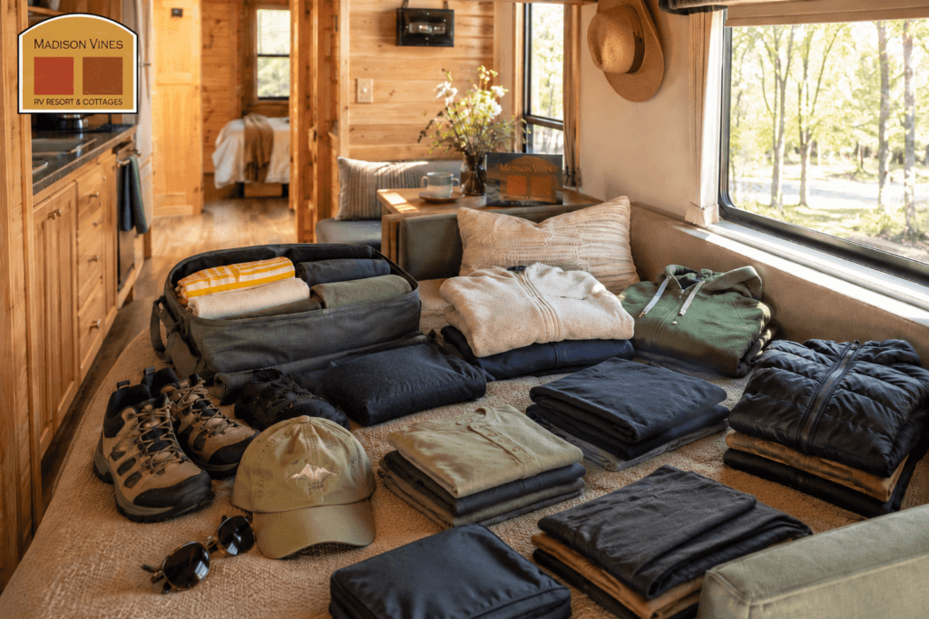 Layered clothing and footwear for a spring RV trip in Virginia.