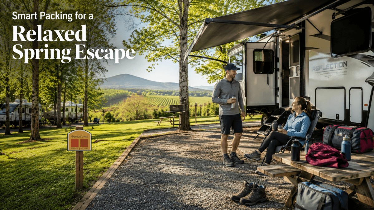 Spring RV getaway setup in Virginia with Blue Ridge scenery and organized camping gear.