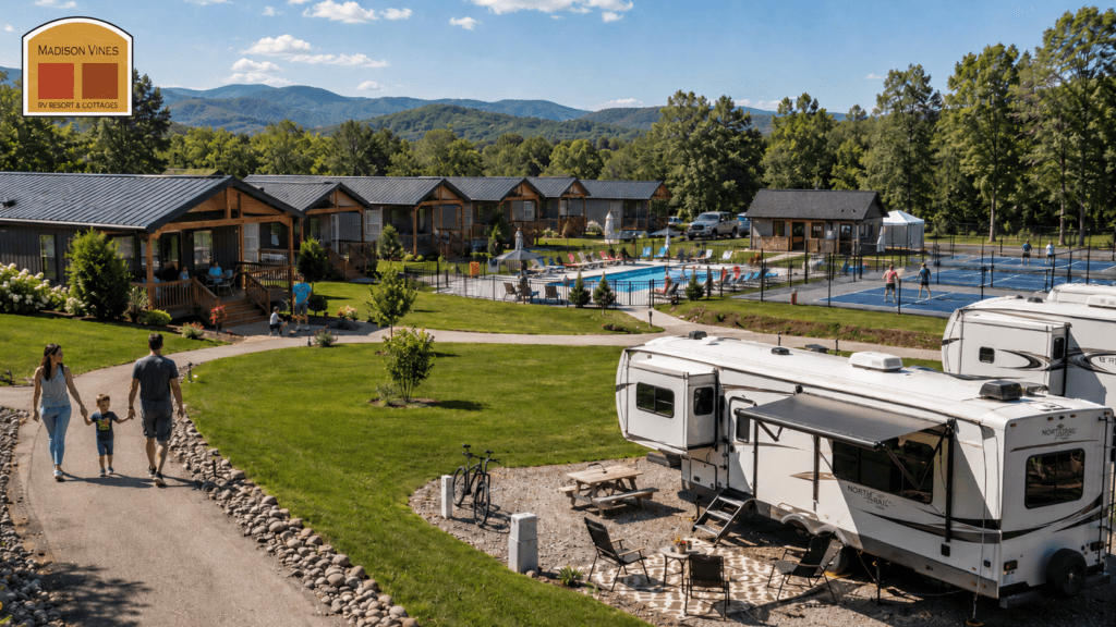 Family-friendly RV resort in Virginia with cottages, RV sites, and recreational amenities