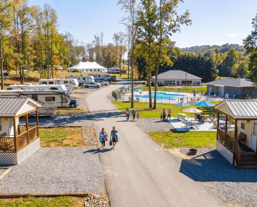 Madison Vines resort overview with RV sites, cottages, and family recreation areas.