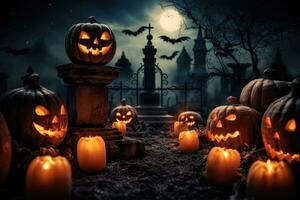 pumpkins in graveyard in the spooky night halloween jack o lantern with an evil face ai generated photo